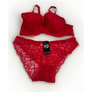 Red Lace Bra And Panty Set By DY Fits Like US Sz 36B Panty Is One Size